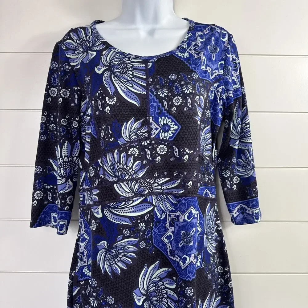 Title Nine Fit & Flare Dream 3/4 Sleeve Dress Paisley Floral Purple Print sz M